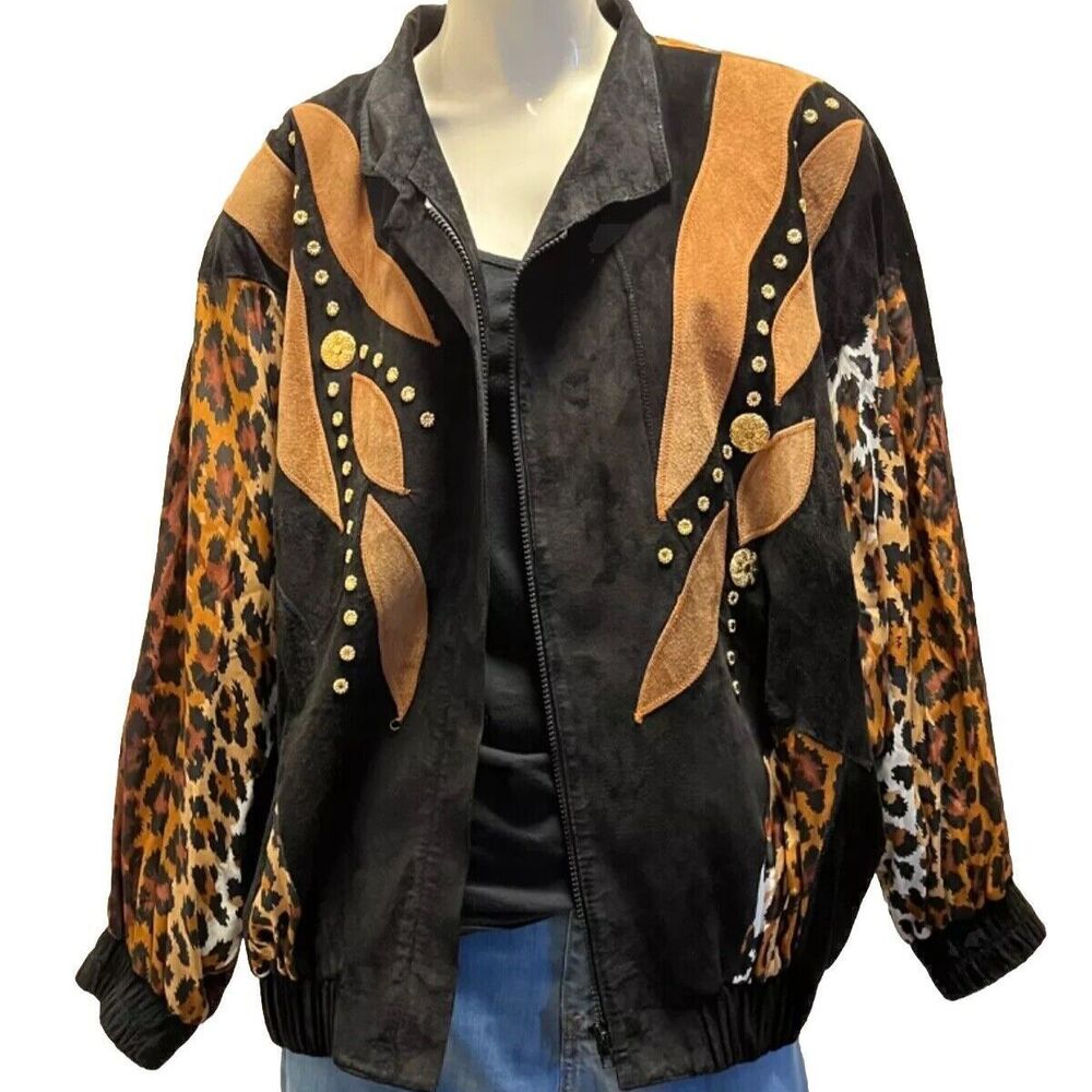 Vintage 80s LILLIE RUBIN McBling Glam Suede Leather Gold Short Jacket Large